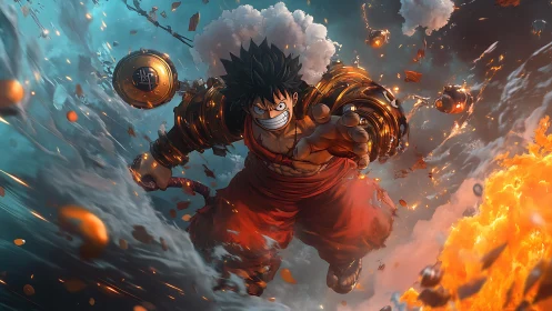 Dynamic anime warrior lunges forward through fire and storm