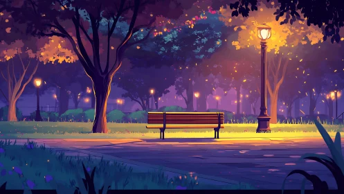 Lonely park bench quietly soaks in violet-tinted twilight glow