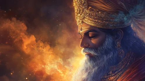 Celestial sage in golden light, listening to quiet stars.