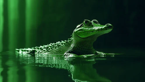 Emerald alligator surfaces in luminous green jungle water.