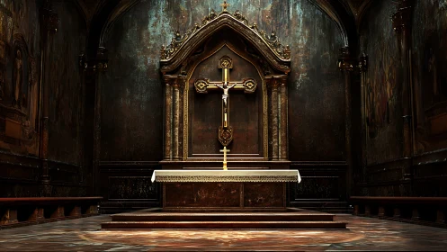 Gilded cathedral altar with crucifix under dramatic light.