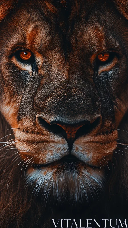 Lion portrait reveals fierce amber gaze and rich detail.
