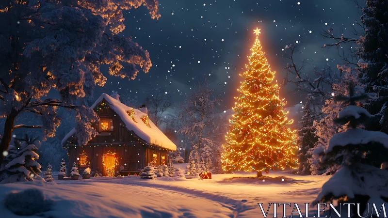 Snowy cabin and glowing outdoor Christmas tree at night.