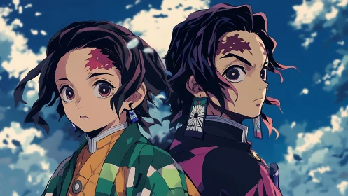 Twin-scarred anime warriors share a sky of rising resolve.