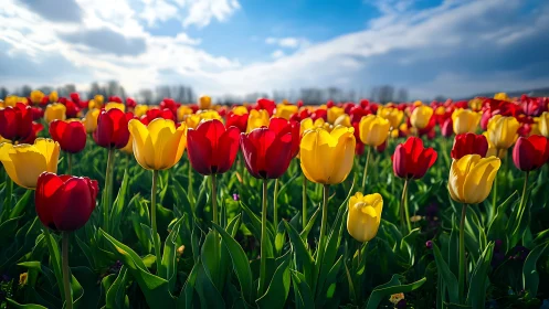 Dense tulip field composition exhibiting chromatic stratification and atmospheric perspective