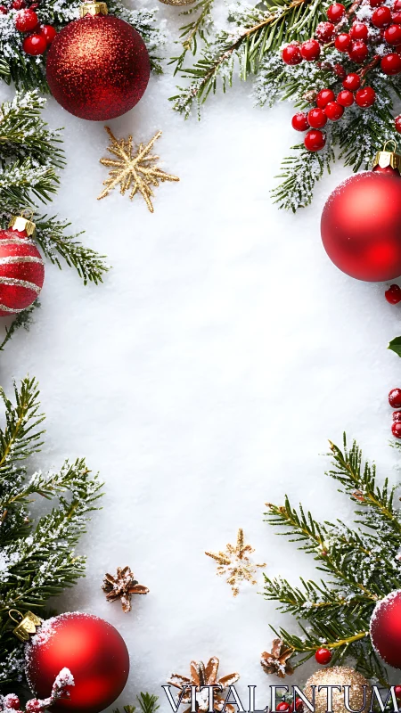 Festive red ornaments frame snowy Christmas background beautifully.