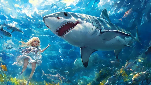 Underwater anime girl with dynamic great white shark scene.