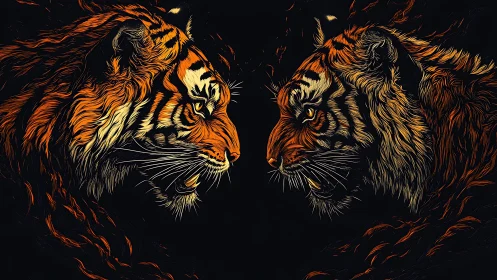 Two Tigers Face Each Other Against Dark Background