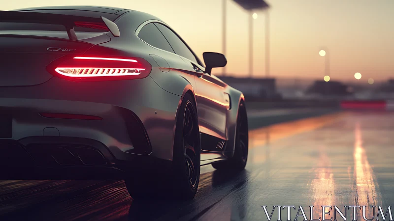 Sleek sports car glowing warmly on a sunset racetrack.