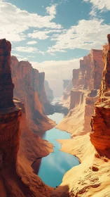 Vertical canyon view shows winding blue river between cliffs