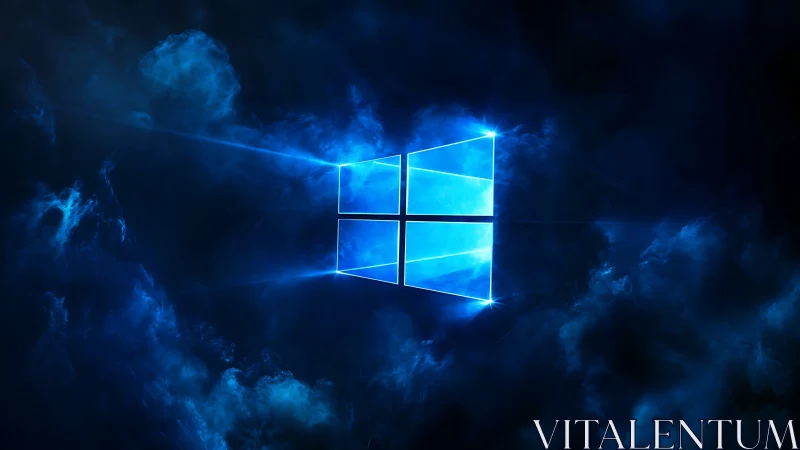 Glowing blue window logo floats gently in a digital night sky