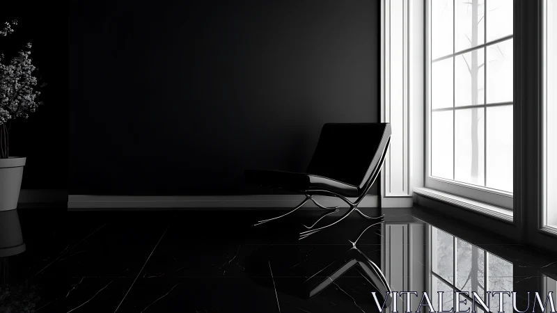 Minimalist black lounge chair rests by tall winter window