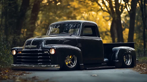 Custom lowrider pickup truck in autumn forest light.