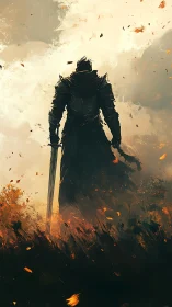 Stormlit knight strides through embers toward untold dawn