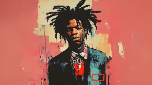 Expressive portrait of a young man against bold coral abstractions