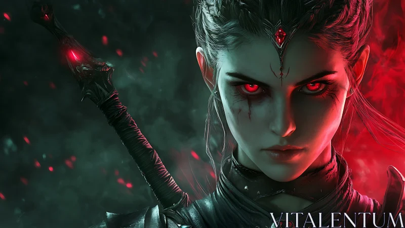 Female warrior with glowing red eyes stares into camera