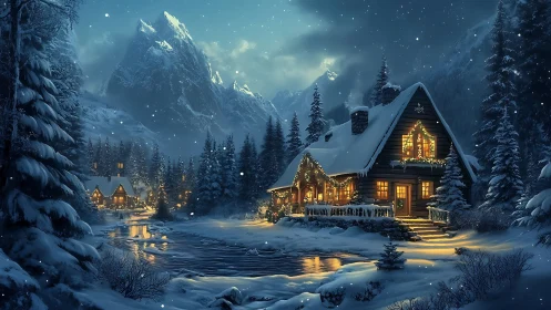 Snowy alpine cabin glows with warm festive lights.