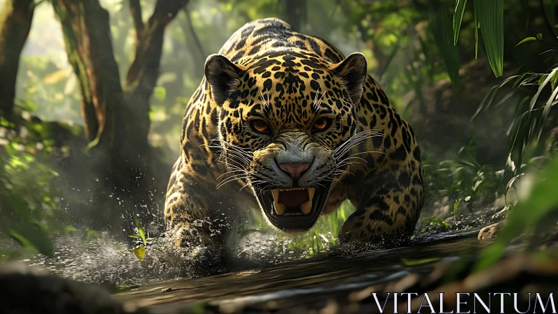 Jaguar charges through jungle stream in predatory focus.