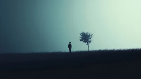 Silhouetted person and lone tree on horizon at dusk.