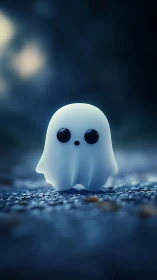 Tiny night ghost with big curious eyes on a quiet path.