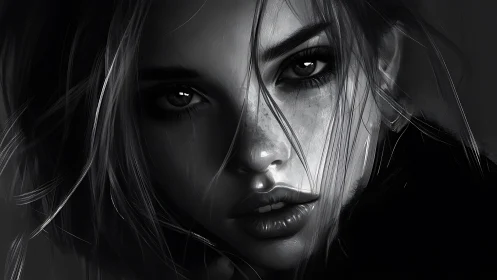 Monochrome digital portrait with intense female gaze.