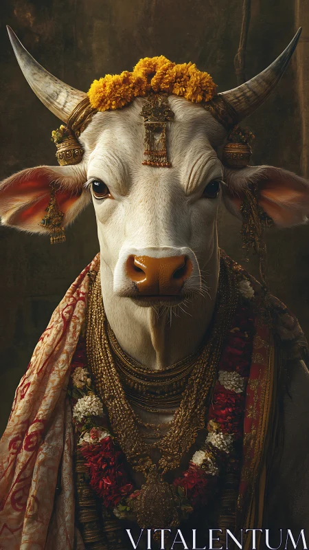 Regal sacred cow in ornate floral and gold adornment.