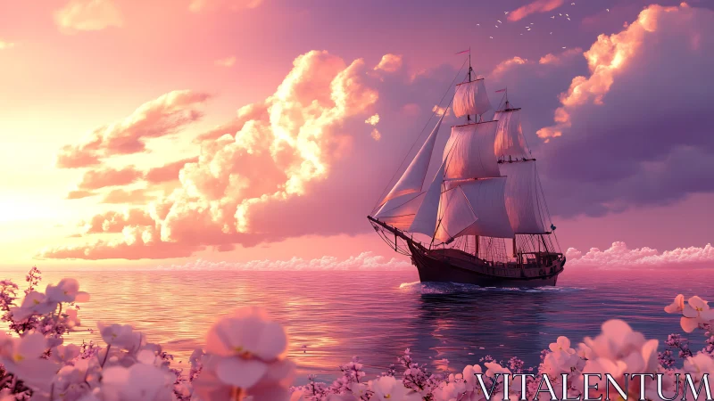 Sunlit petals applaud a twilight ship sailing through pink seas