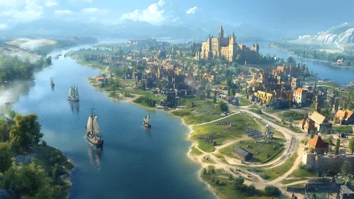 Medieval riverside kingdom in expansive panoramic digital painting.