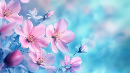 Pink Cosmos Flowers Against Soft Blue Bokeh Sky