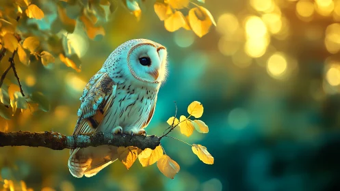 Barn owl perched on tree branch in glowing autumn forest scene.