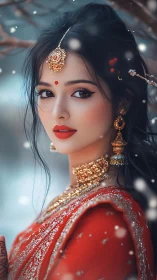 Digital portrait of woman in red sari with winter snowfall