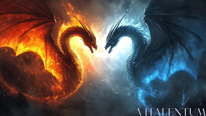 Fire and ice dragons clash in elemental standoff.