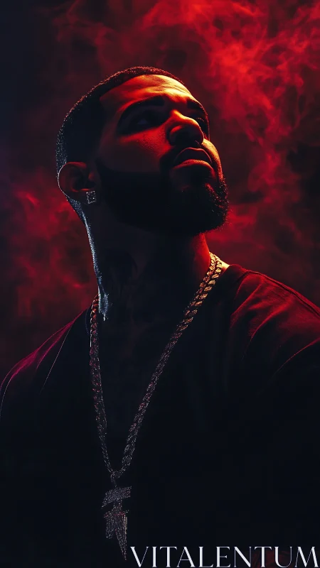 Crimson halo rises around brooding rapper in smoky shadow.