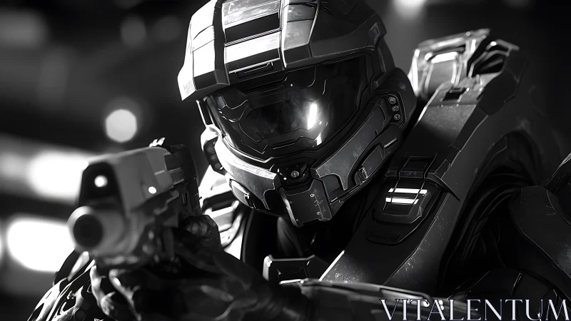 Armored sci fi soldier aims weapon in monochrome close view