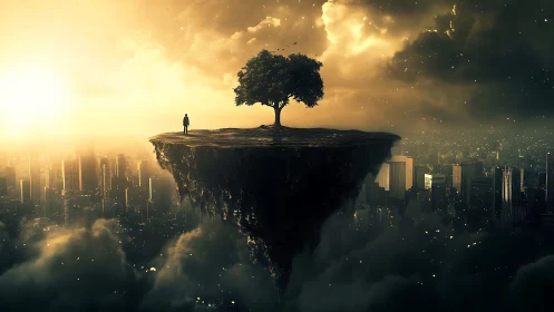 Isolated floating rock plateau hovers above hazy futuristic city