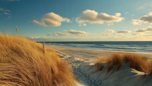 Golden beach grasses glowing under a gentle seaside sunset.