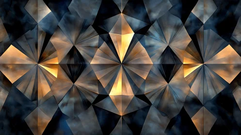 Geometric faceted crystal grid renders warm metallic light