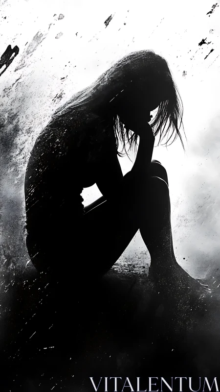 Silhouette of quiet heartbreak in storm-brushed monochrome dusk.