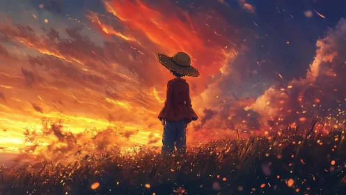 Straw-hatted dreamer watching a wildfire sunset sky burn softly.