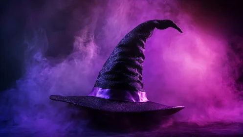 Midnight witch hat in glowing purple enchanted mist.