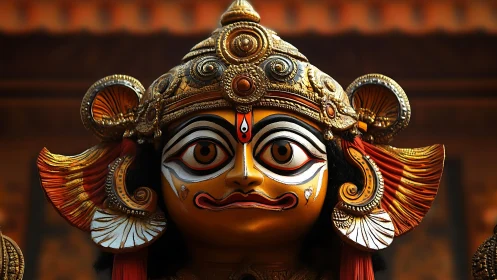 Polychrome ritual mask with gilded filigree and radial fans.
