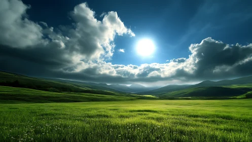 Sunlit green valley stretches beneath dramatic clouded sky.