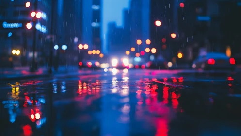 Wet city street reflects blurred traffic lights at night