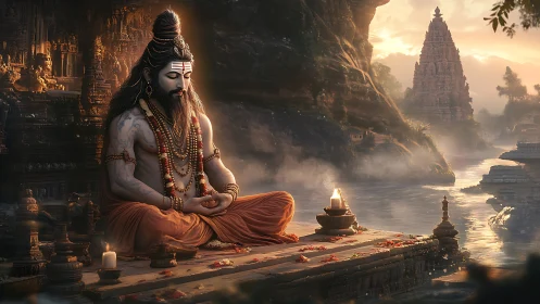 Meditating sage sits beside river with distant temple at dusk