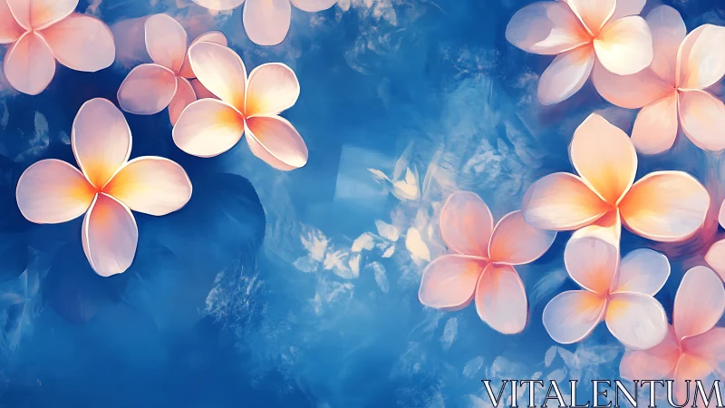 Pink plumeria flowers against blue background with cloud formations