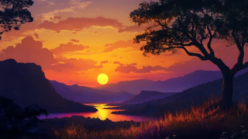 Sunset-illuminated river valley with layered silhouettes and warm gradients