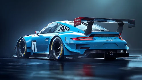 Aerodynamic blue GT race car rendered with cinematic fidelity.
