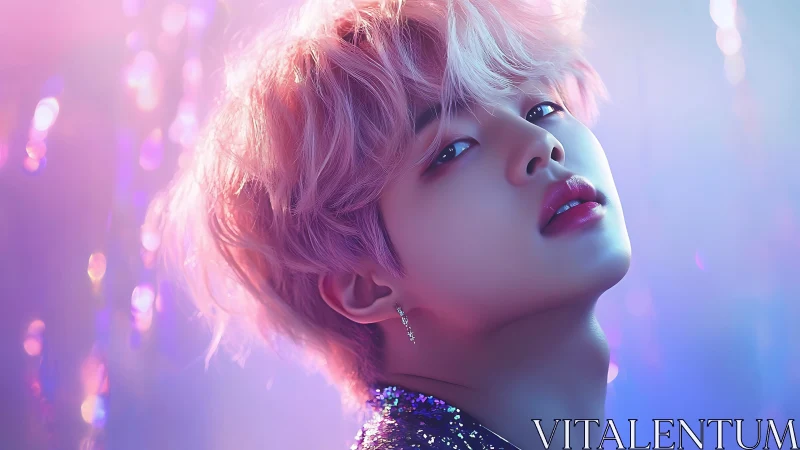 Iridescent portrait captures soft neon bokeh against pastel hair