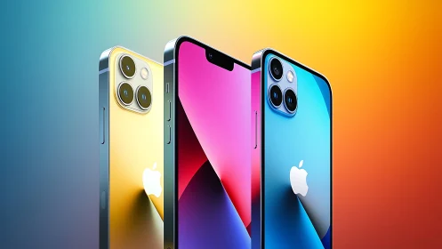 Three iPhone models displayed in gradient color environment