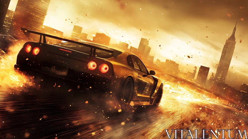 Street racer tears through blazing city at golden sunset